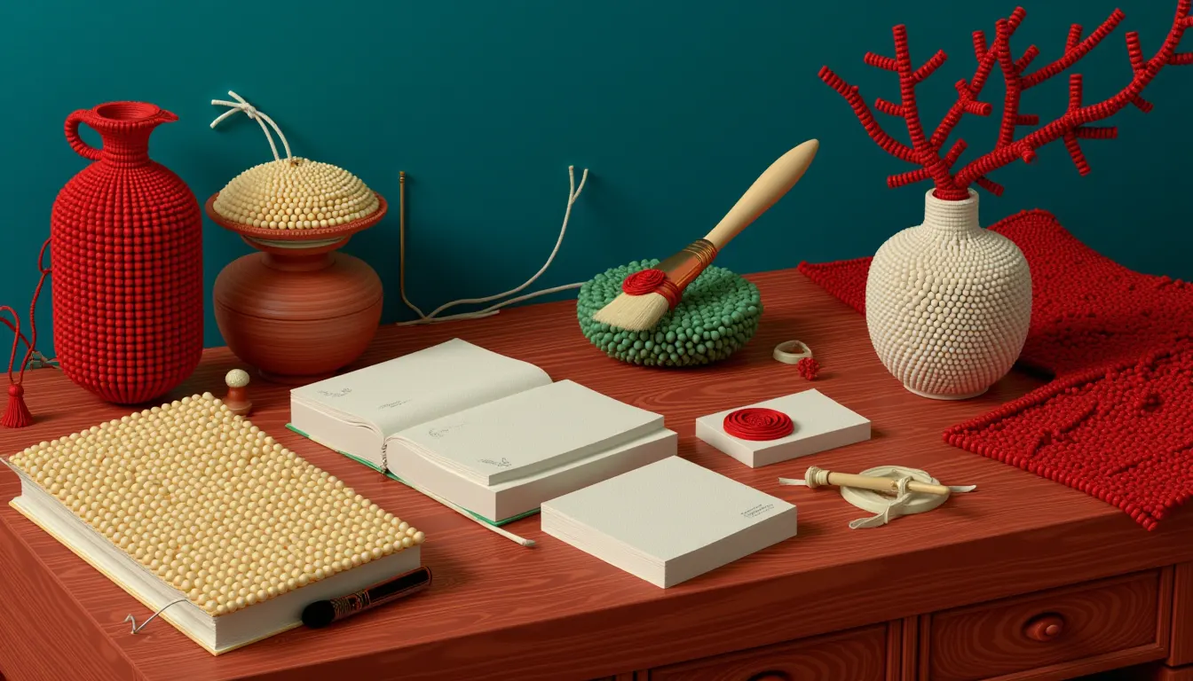 A low wooden study desk seen from above with everything laid out ready in a row, a closed book of cream beads.