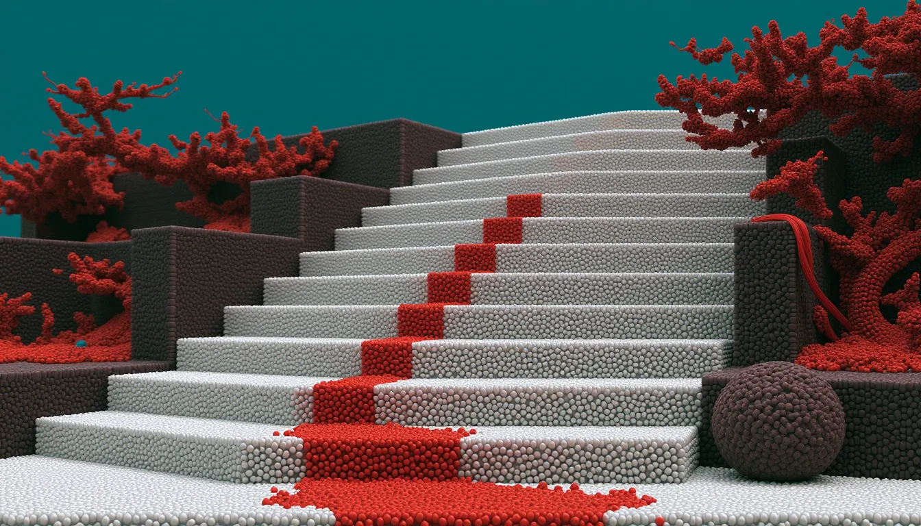 A broad stone staircase of nine steps rising in three flights of three with a small landing between each flight.