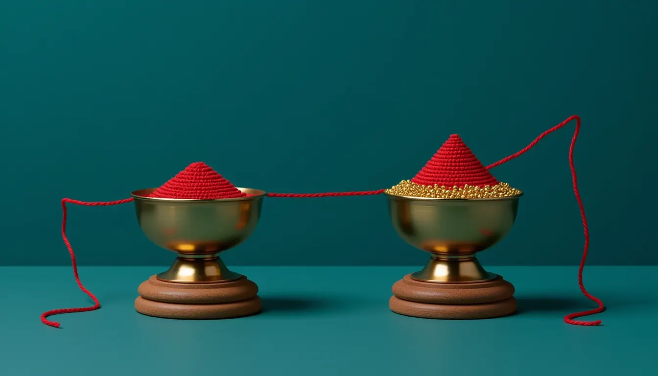 Two small brass cups joined by one long taut cord stretched across the frame.