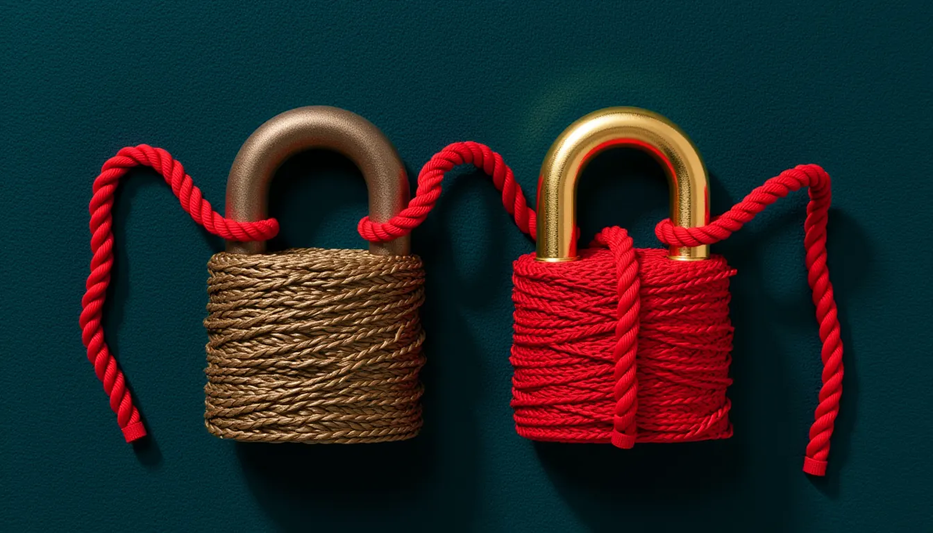 Two identical brass padlocks lying side by side on a dark cloth.