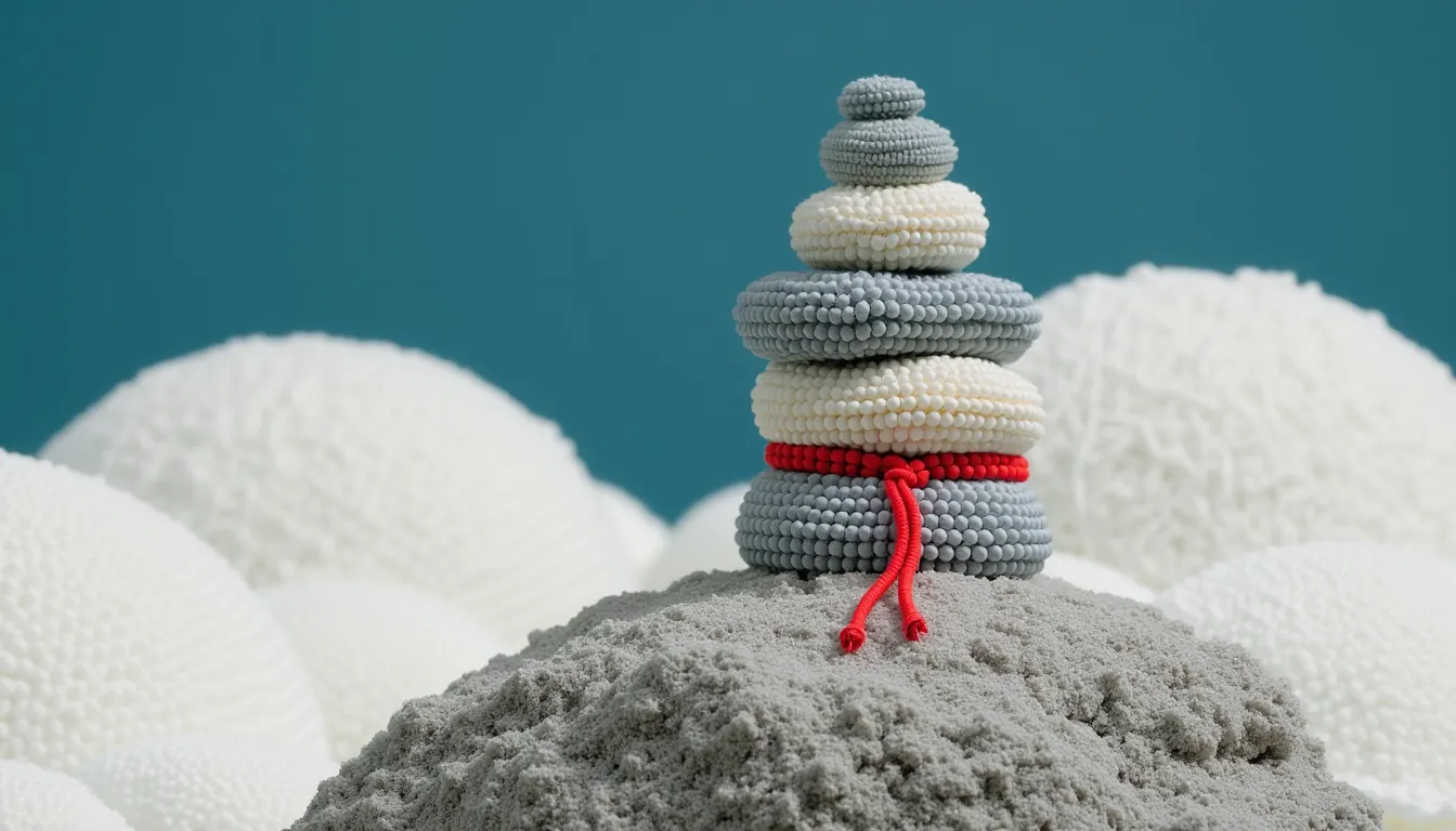 A stacked stone cairn standing on a bare rock summit above a sea of low cloud.