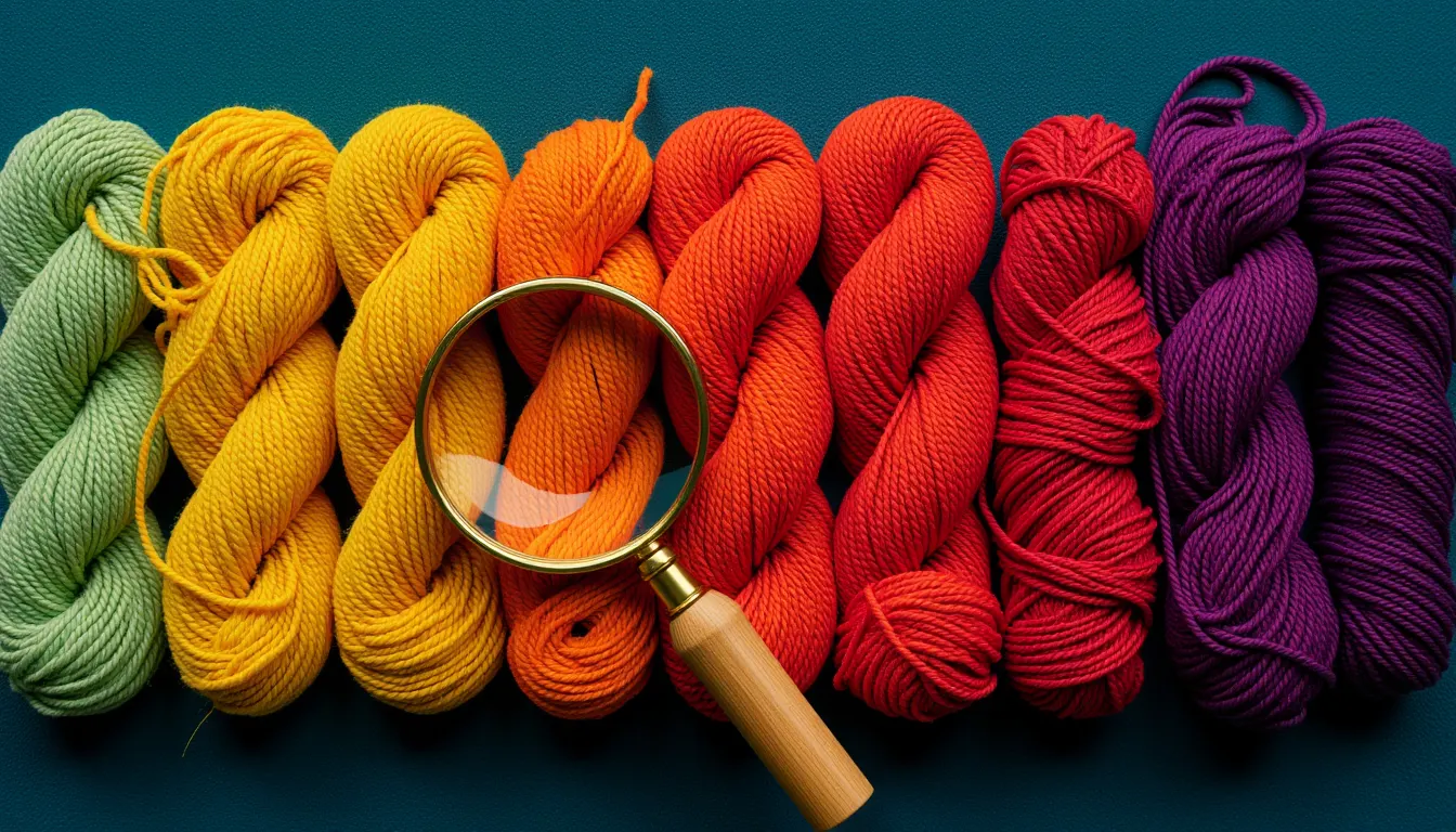 Seven skeins of cord laid side by side on a dark cloth graded from pale green through gold and orange to deep violet.