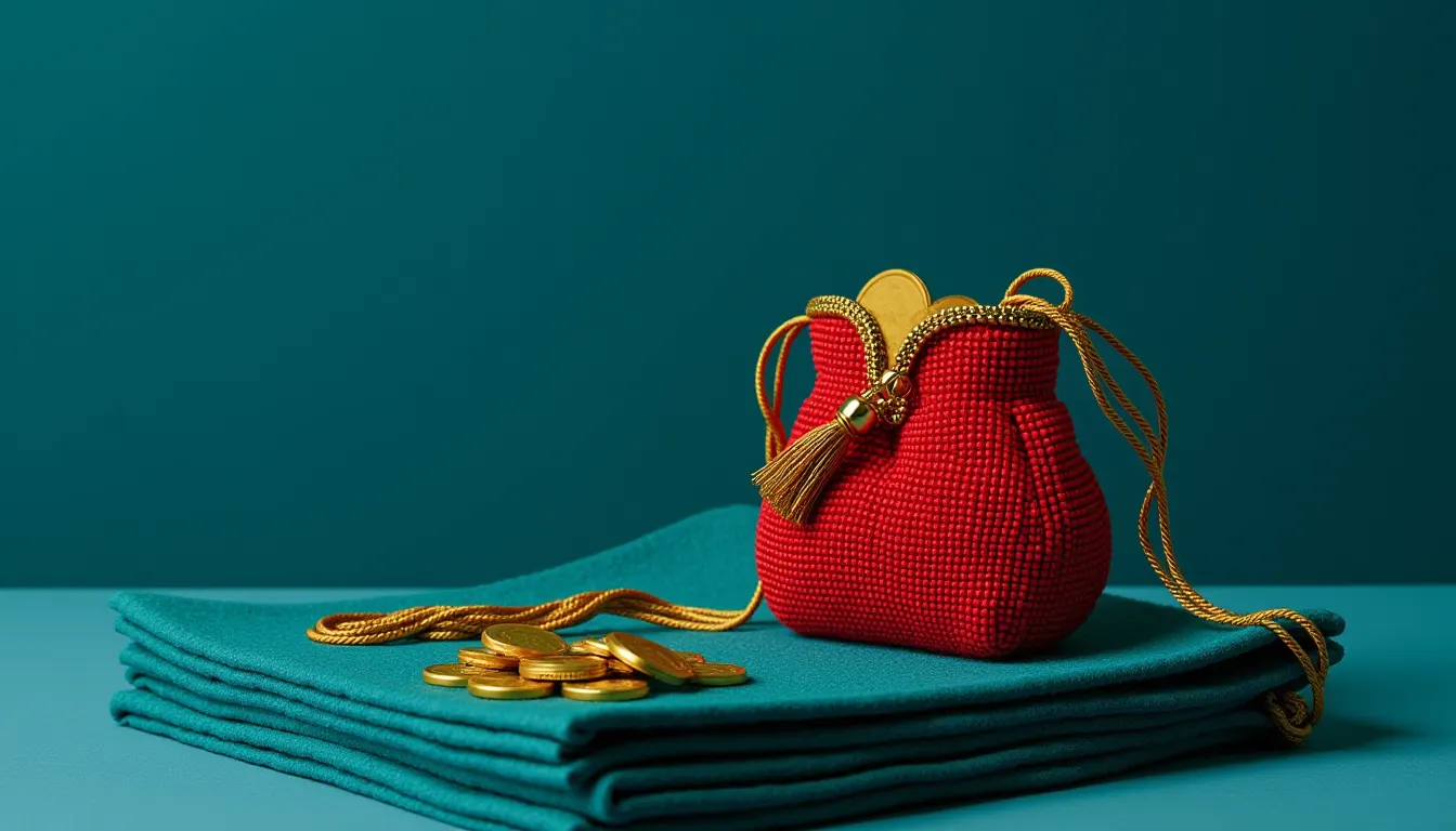 A small embroidered purse of vermillion beads spilling a few gold coins onto a folded cloth of teal felt.