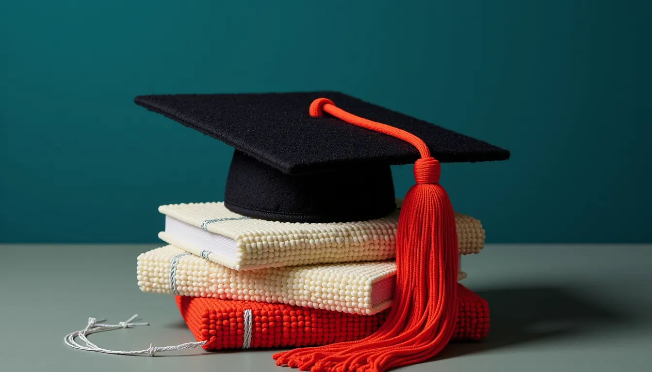 A square black scholar's cap with a vermillion tassel resting on a short stack of thick bound volumes.