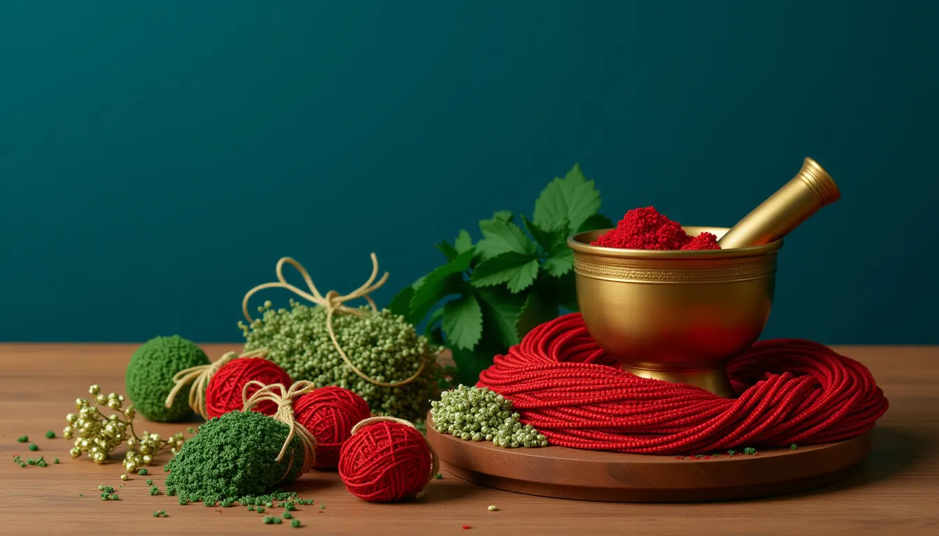 A brass mortar and pestle on a wooden tray beside small bundles of dried herbs tied with cord, the herbs of green and gold beads.