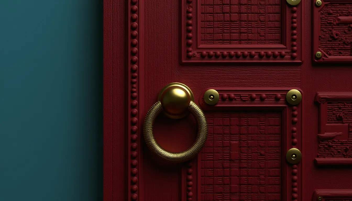 A heavy dark wooden door seen straight on with a large round brass ring handle at its centre.