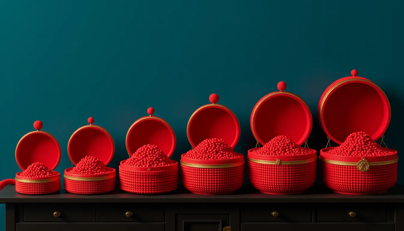 Six nested lacquer boxes opened and set out in a stepped row from largest to smallest.