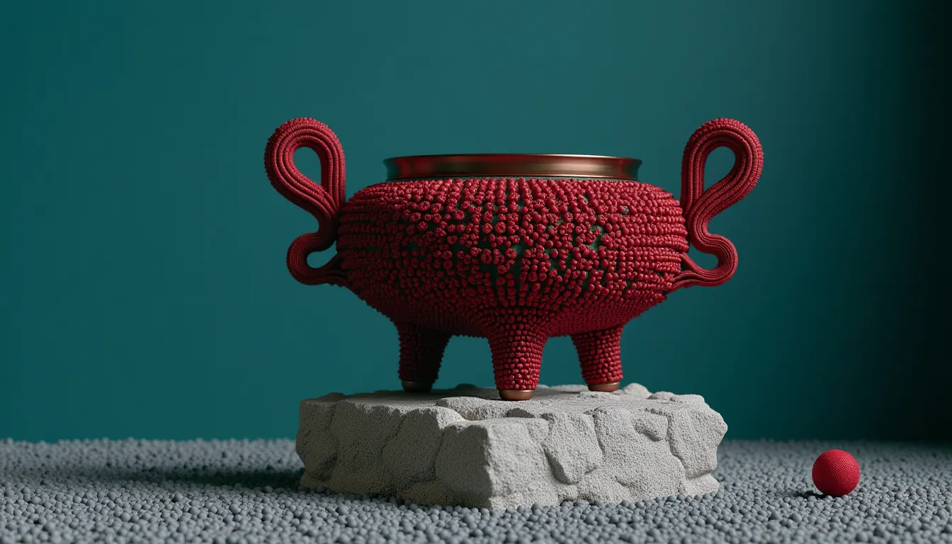 A three-legged bronze ding vessel standing on a stone plinth.