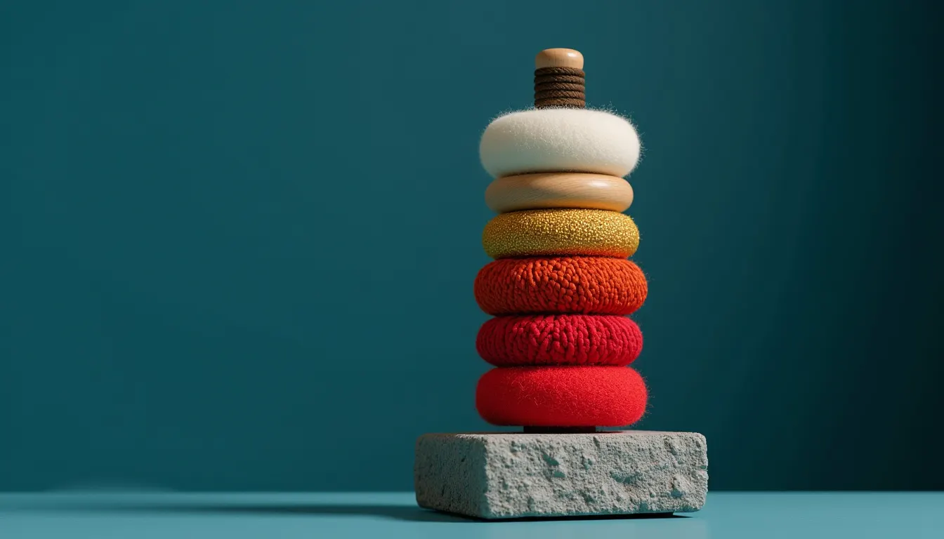 A stack of nine graduated wooden rings threaded on an upright central post.