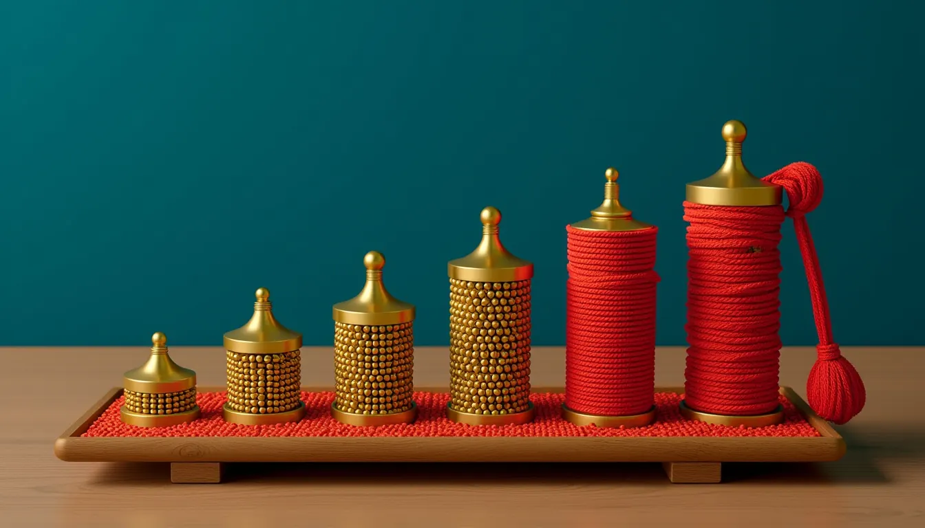Seven brass scale weights standing in a row on a wooden tray from the smallest at the left to the largest at the right.
