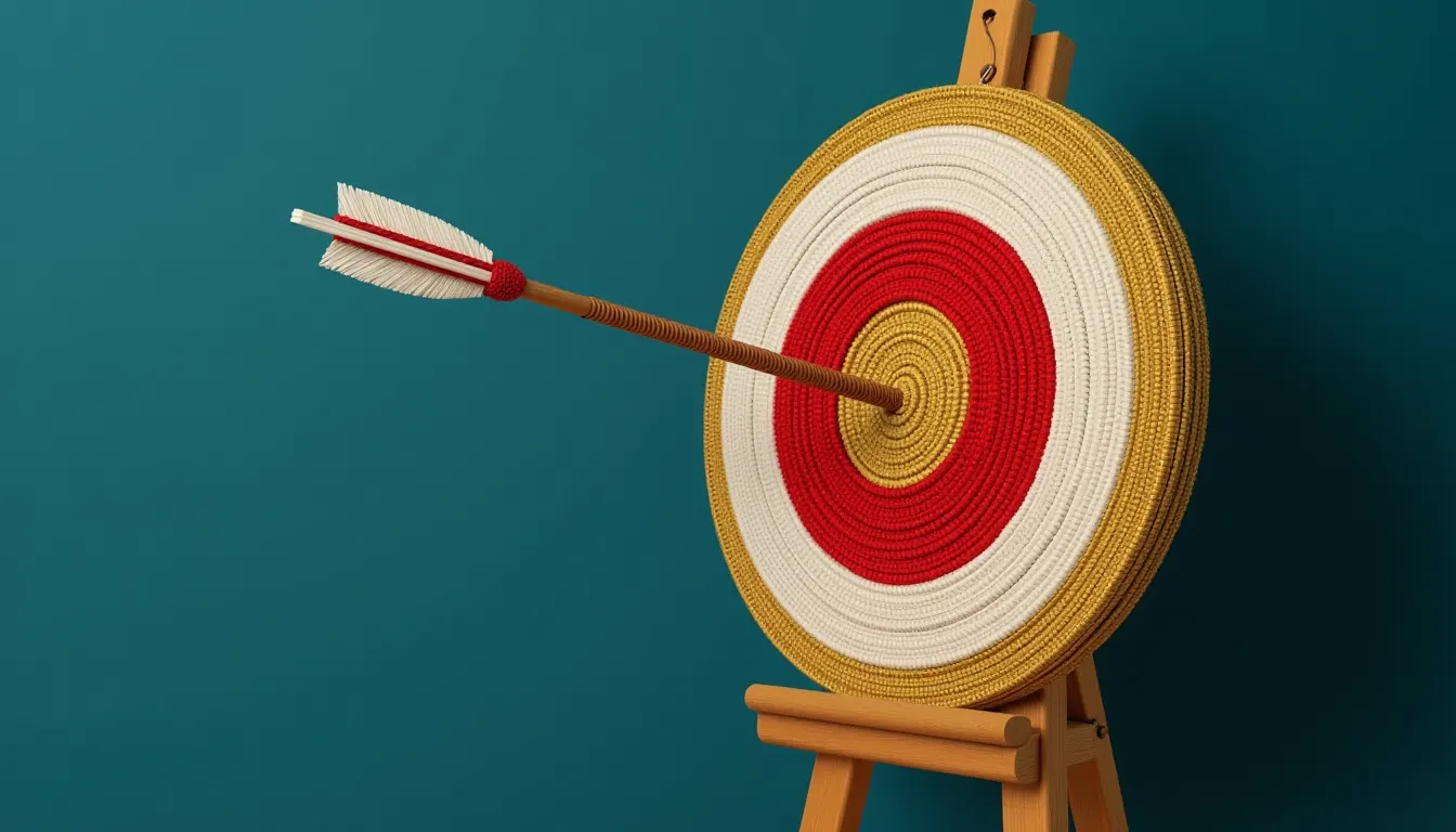 A round straw archery target on a wooden tripod stand with plain concentric rings of cream, gold and vermillion.