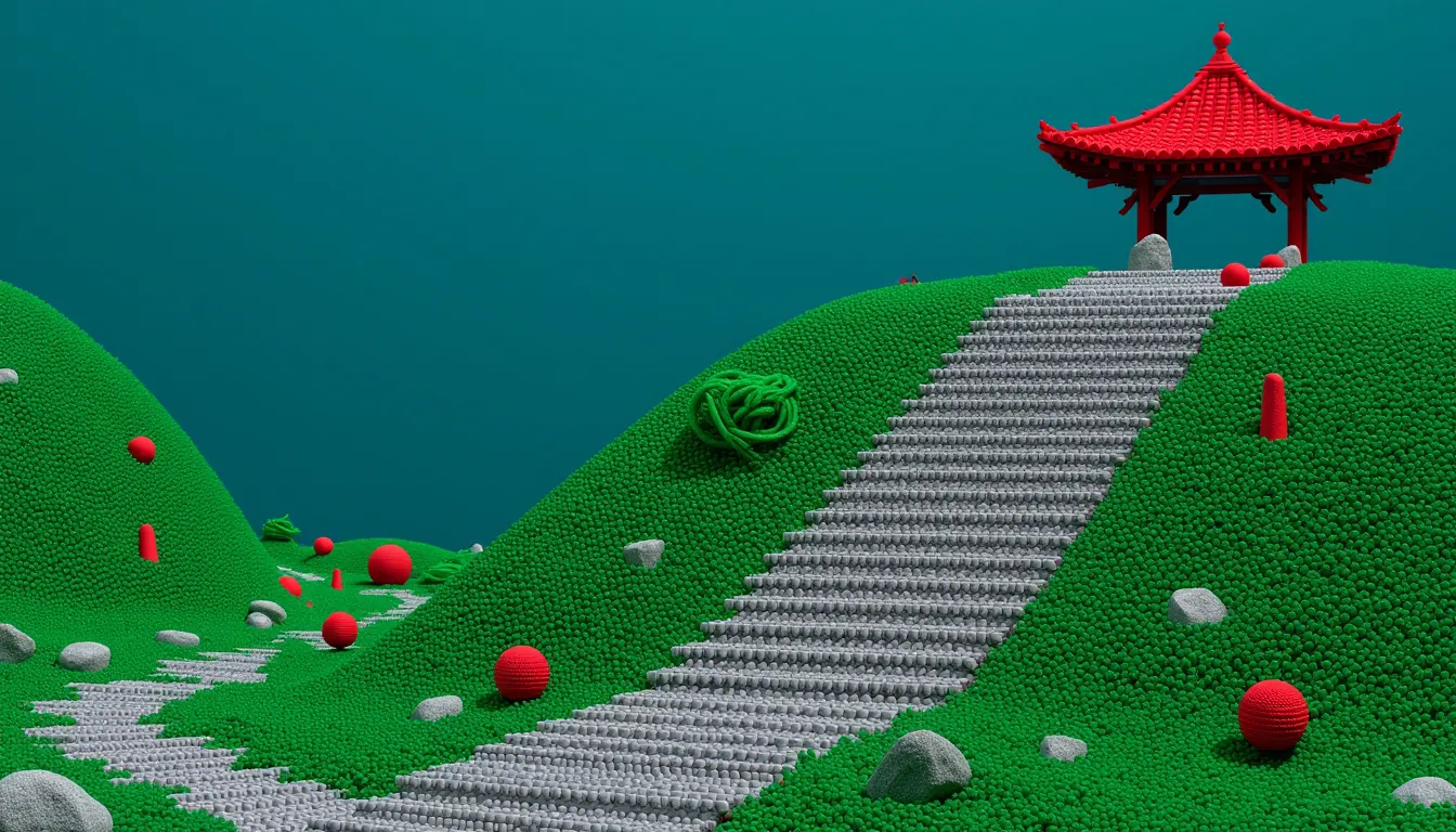 A long line of flat stepping stones climbing a green hillside to a small open pavilion at the top.