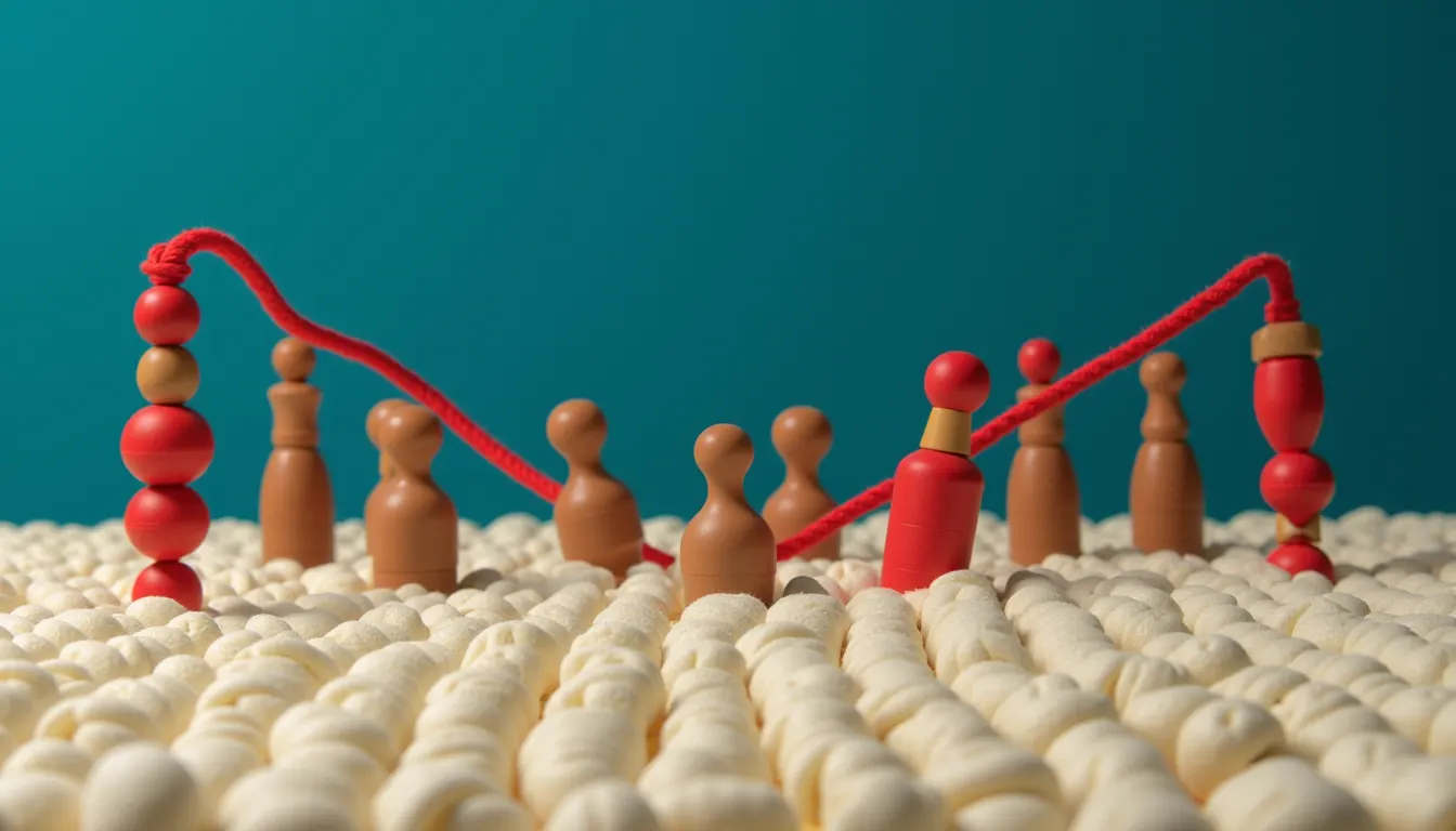 A row of small wooden pegs standing in a pegboard with a single vermillion cord threaded between them in a rising line.