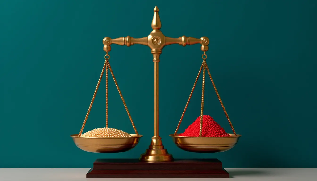 A brass balance scale standing on a dark wooden base with its two round pans hanging exactly level.