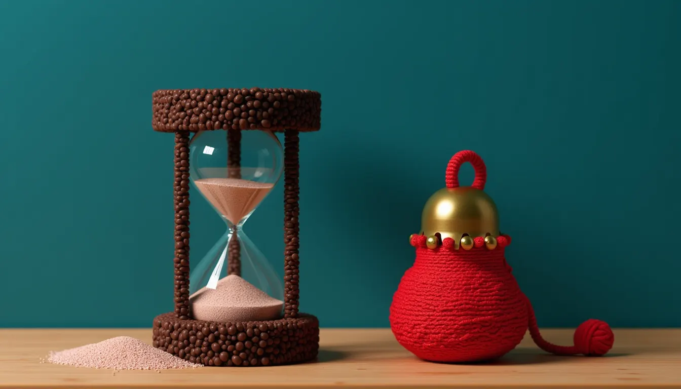 A squat hourglass and a small brass hand bell standing together on a bare wooden desk.