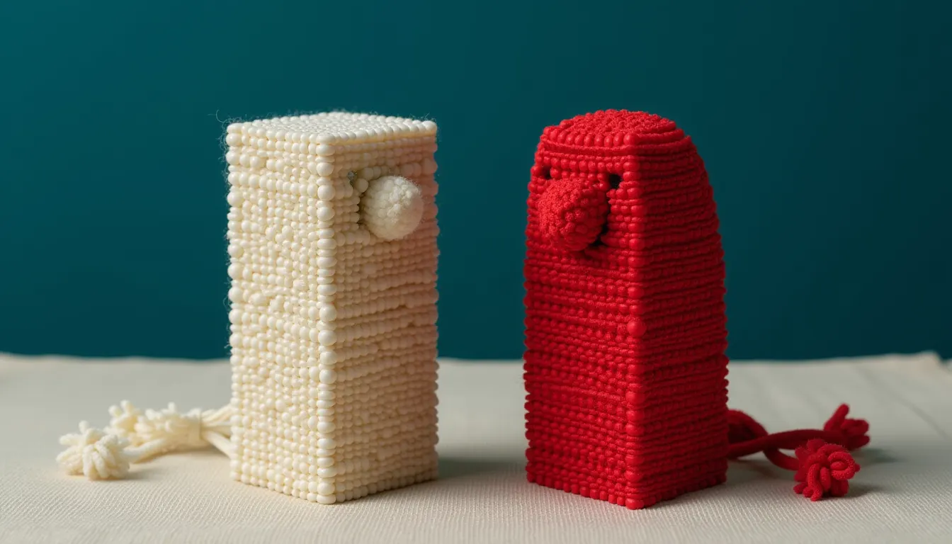 Two carved stone name seals standing side by side on a cloth with both faces turned down.