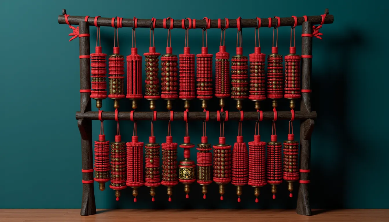 A tall two-tier wooden rack hung with a full set of graded bronze chime bells from large at the left to small at the right.