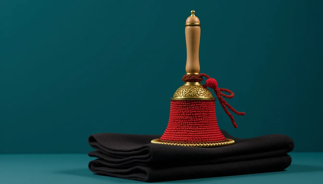 A single small brass hand bell with a turned wooden handle standing upright on a folded dark cloth.