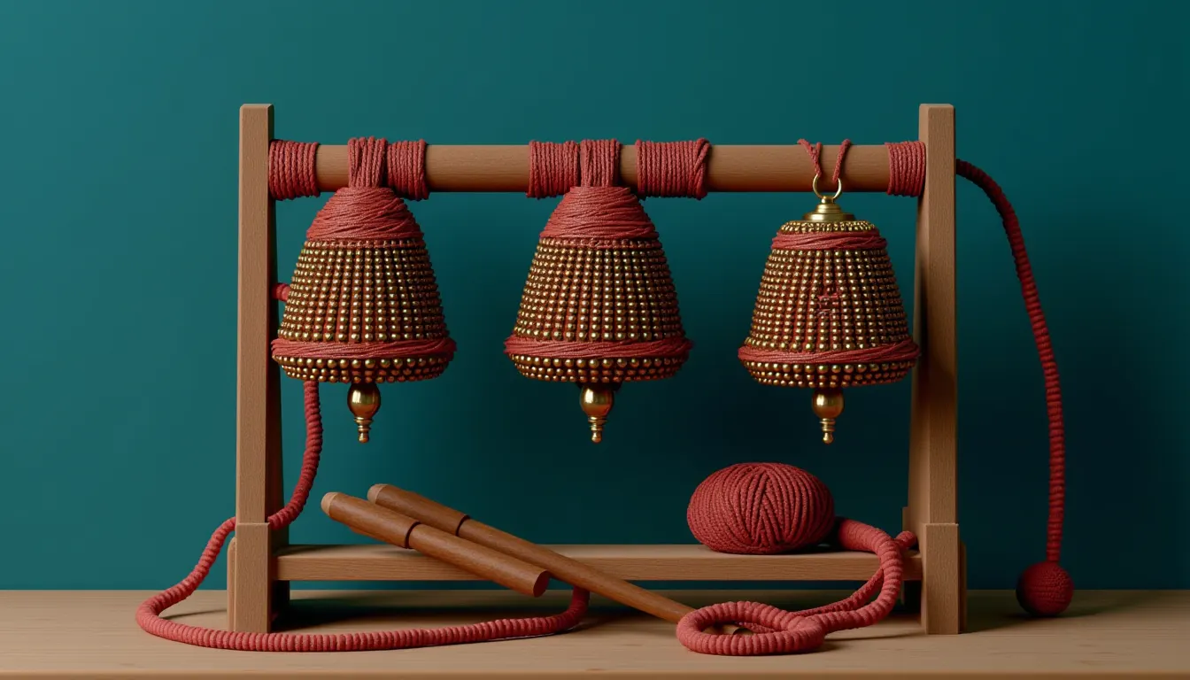 Three bronze bells of rising size hanging in a row from a low wooden rack with a slim wooden striker resting on the base.