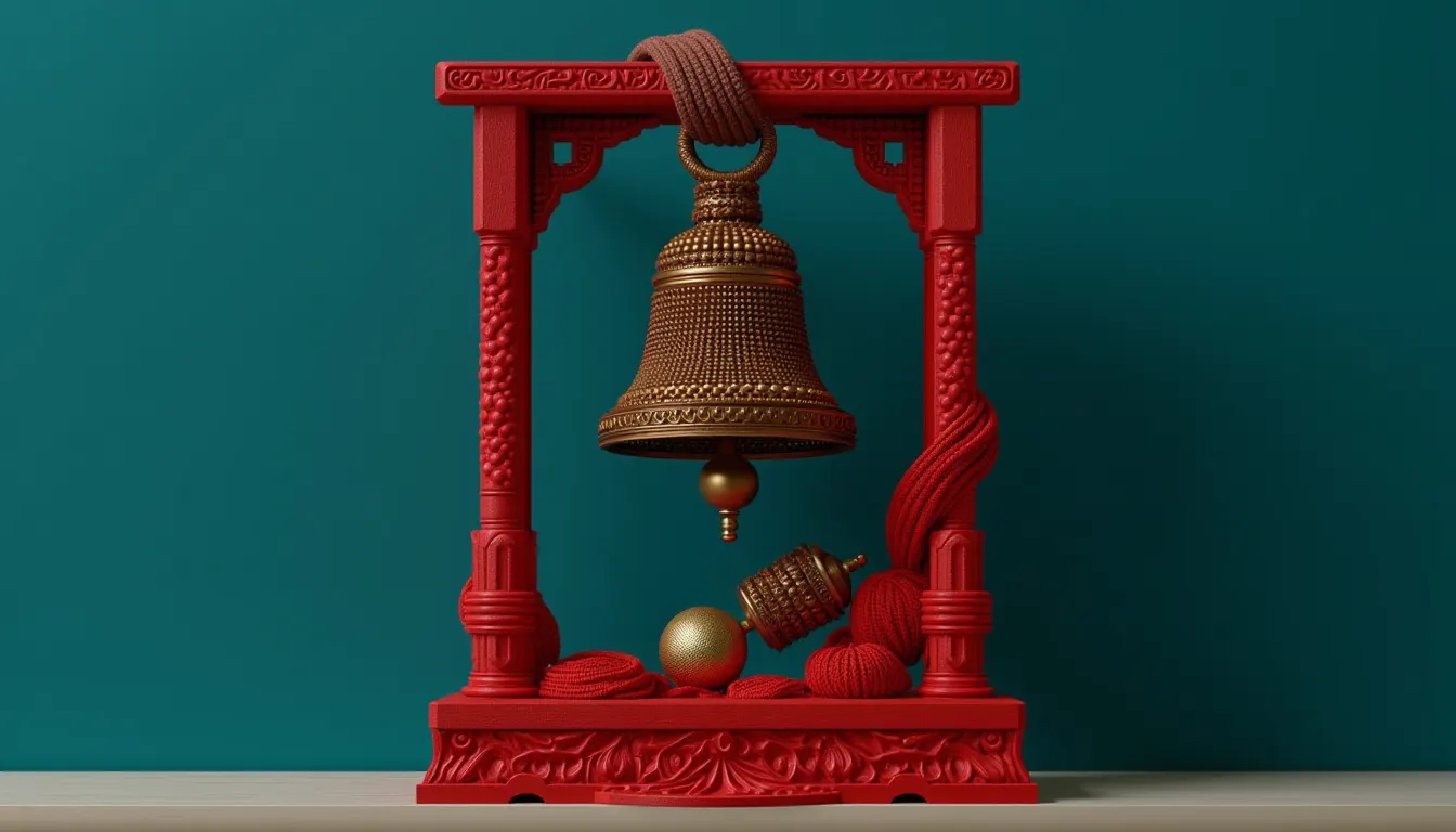 A small bronze bell hanging inside a wooden frame with its striker resting on the base below.
