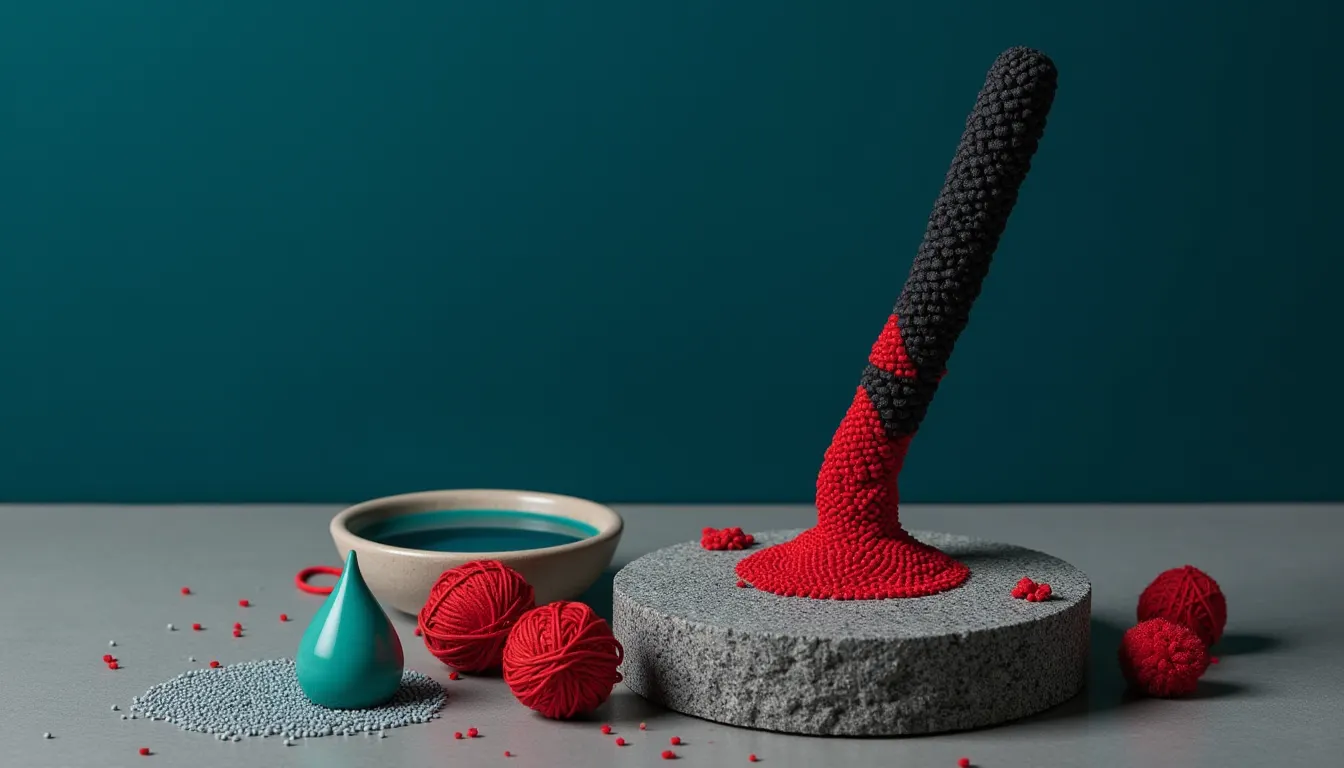 A black ink stick standing upright on an inkstone with fresh ink pooled in its well.