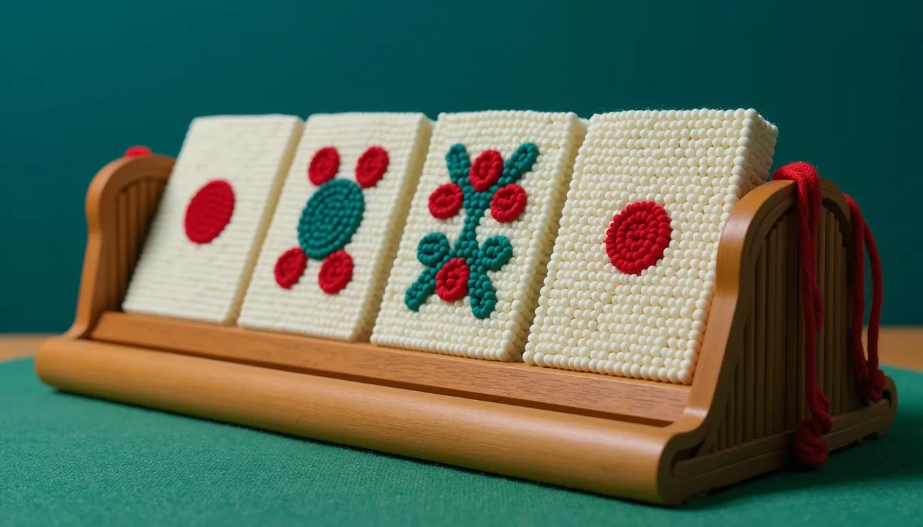 A bamboo tile rack holding a row of mahjong tiles face up showing only round circle patterns.