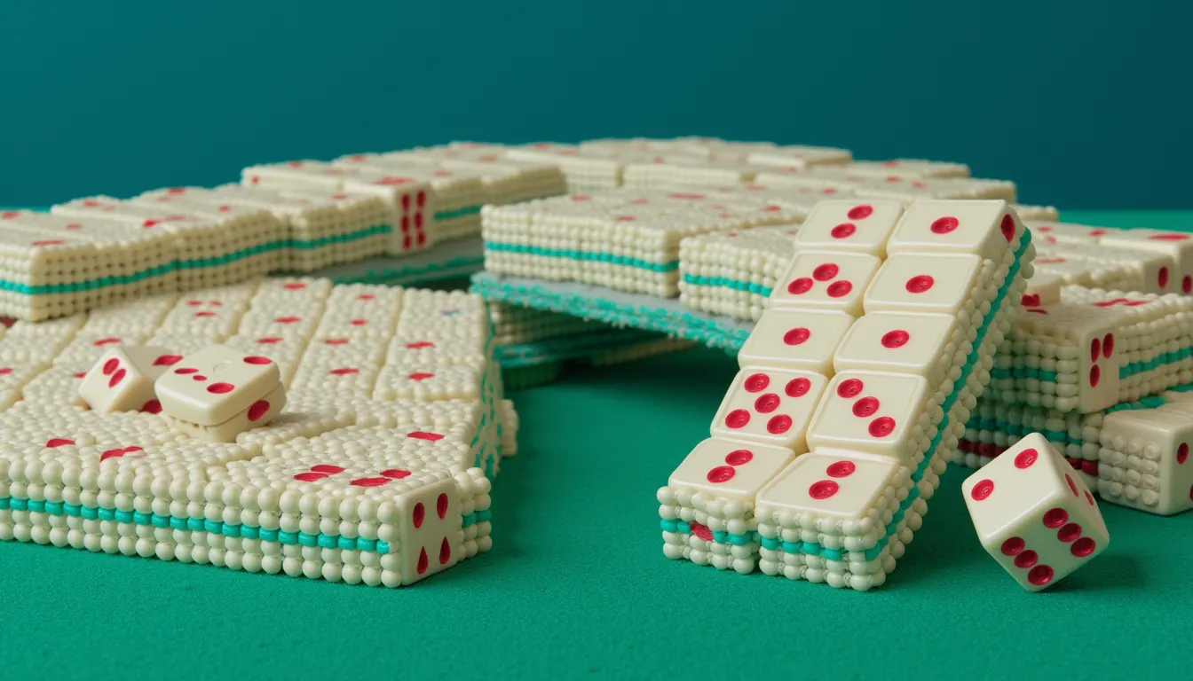 A double-stacked wall of face-down mahjong tiles running across a green felt table with one section lifted away.
