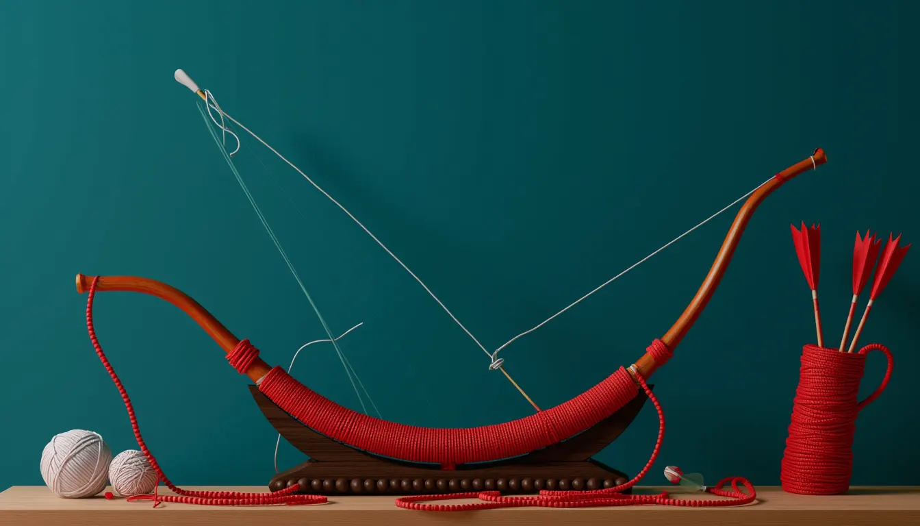 A long curving bamboo bow strung and bending under tension.