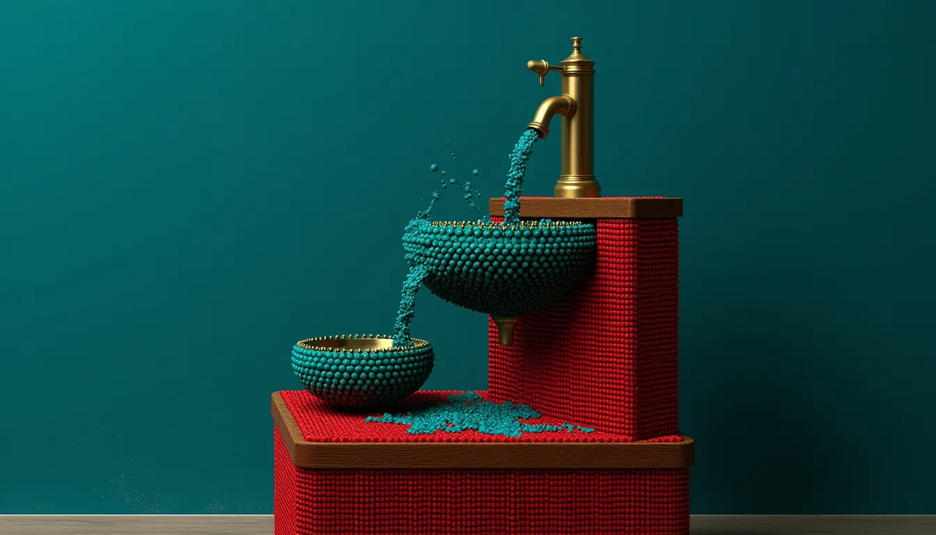 A bronze water clock of three stacked basins on a timber frame.