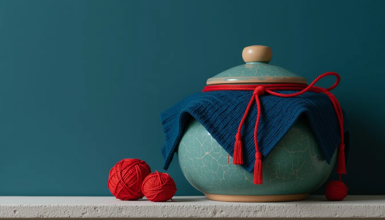 A round ceramic storage jar with a wooden lid tied down under a cloth cover, standing on a stone shelf.