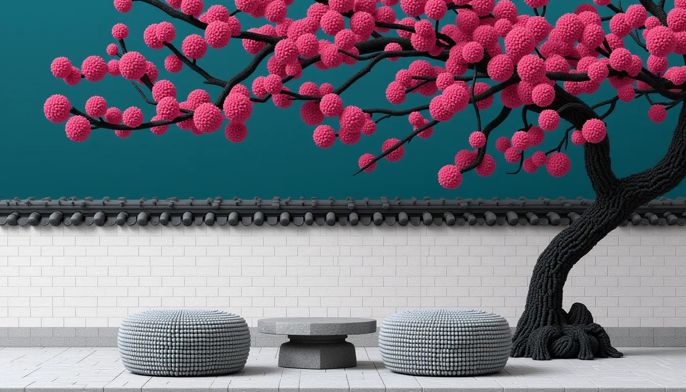 Two stone stools facing each other across a low stone table under a flowering plum tree.