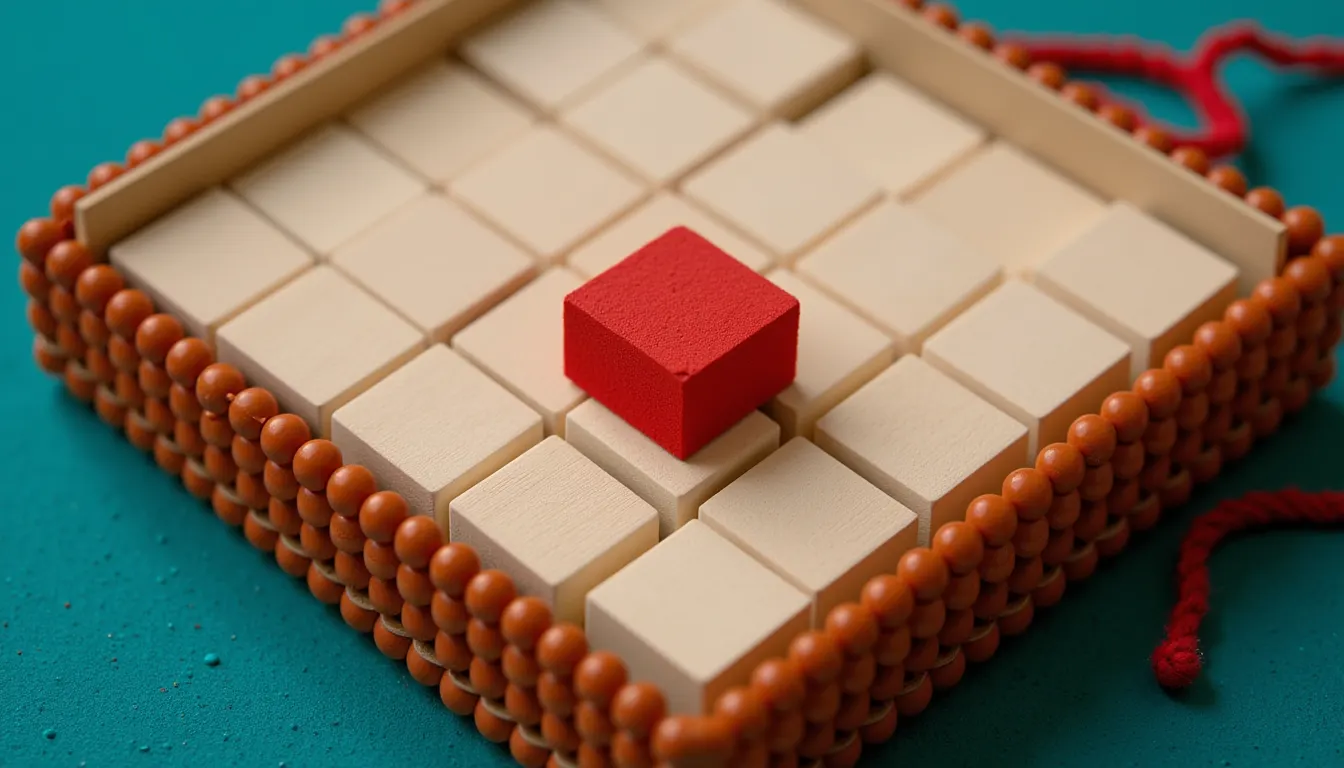 A shallow wooden tray filled with rows of small blank square printing blocks seen from above at an angle.