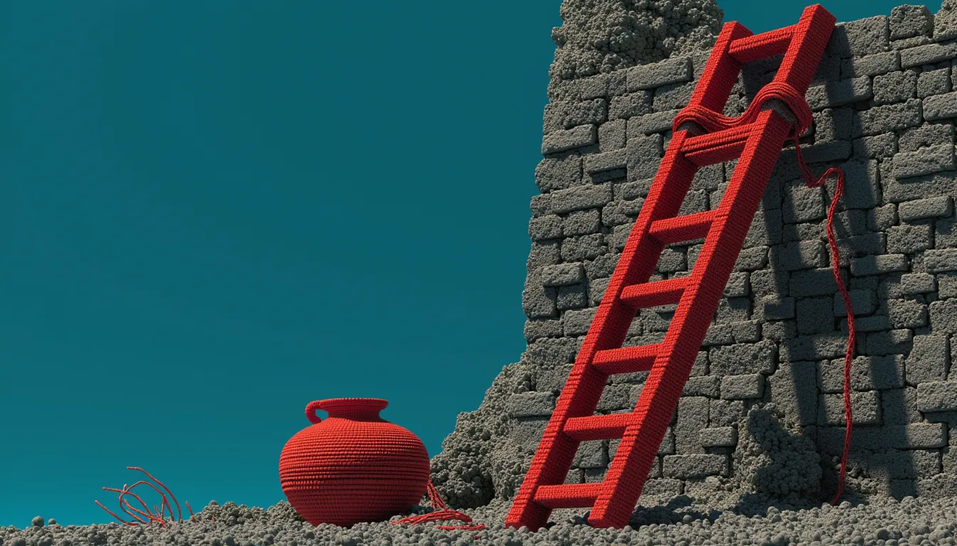 A tall wooden ladder with nine rungs leaning against a stone wall.
