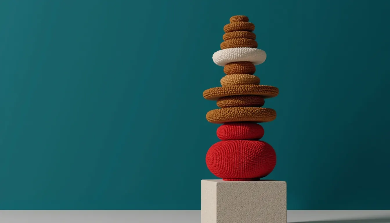 A tall column of eleven stacked wooden discs graduating from widest at the base to smallest at the top.