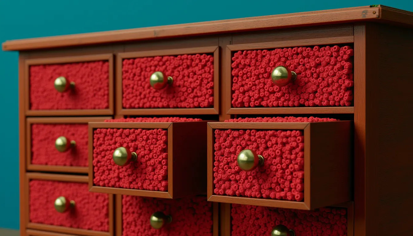 A wide wooden apothecary cabinet of many small square drawers in an even grid seen face on.