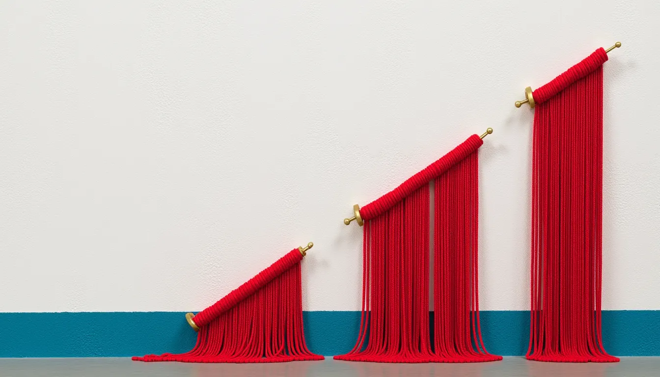 Four lengths of thick vermillion cord pinned side by side on a pale plaster wall, the first running level, the second rising.