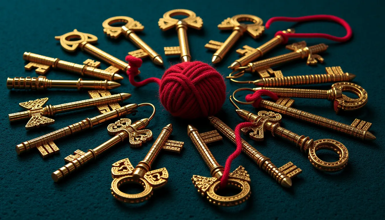 A fan of many small brass keys spread out across a dark cloth, each key a different shape with an ornate bow.