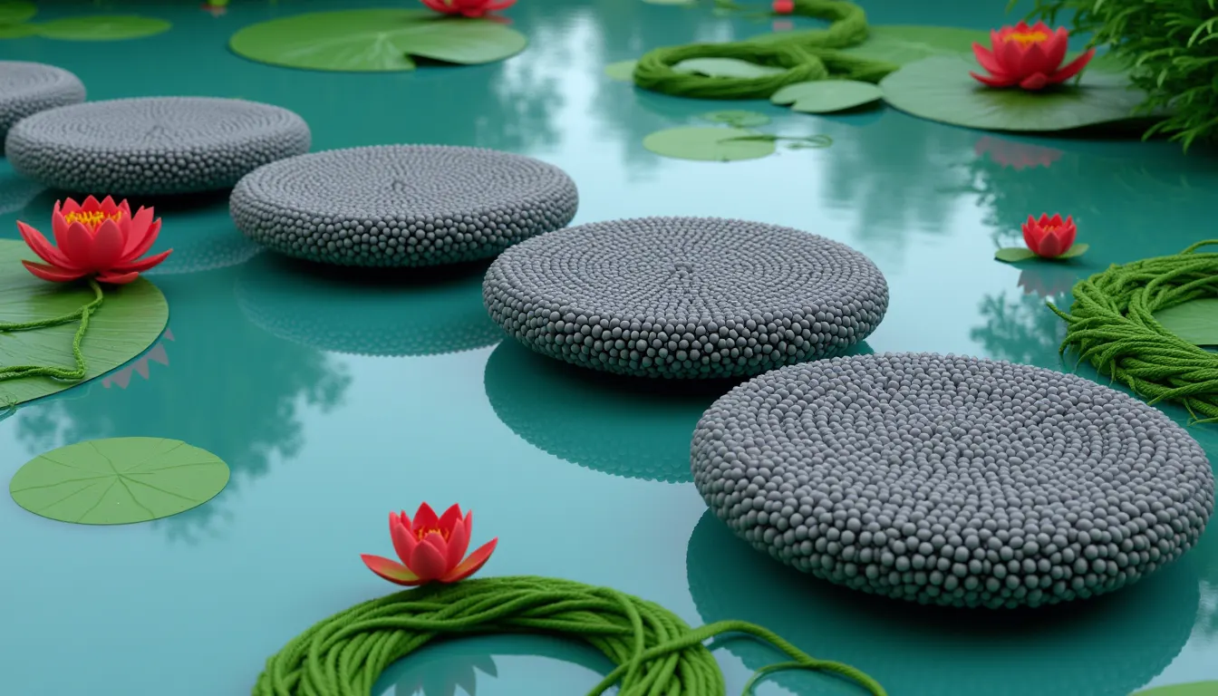 A line of flat stepping stones crossing a still pond, each stone set further from the last than the one before it.