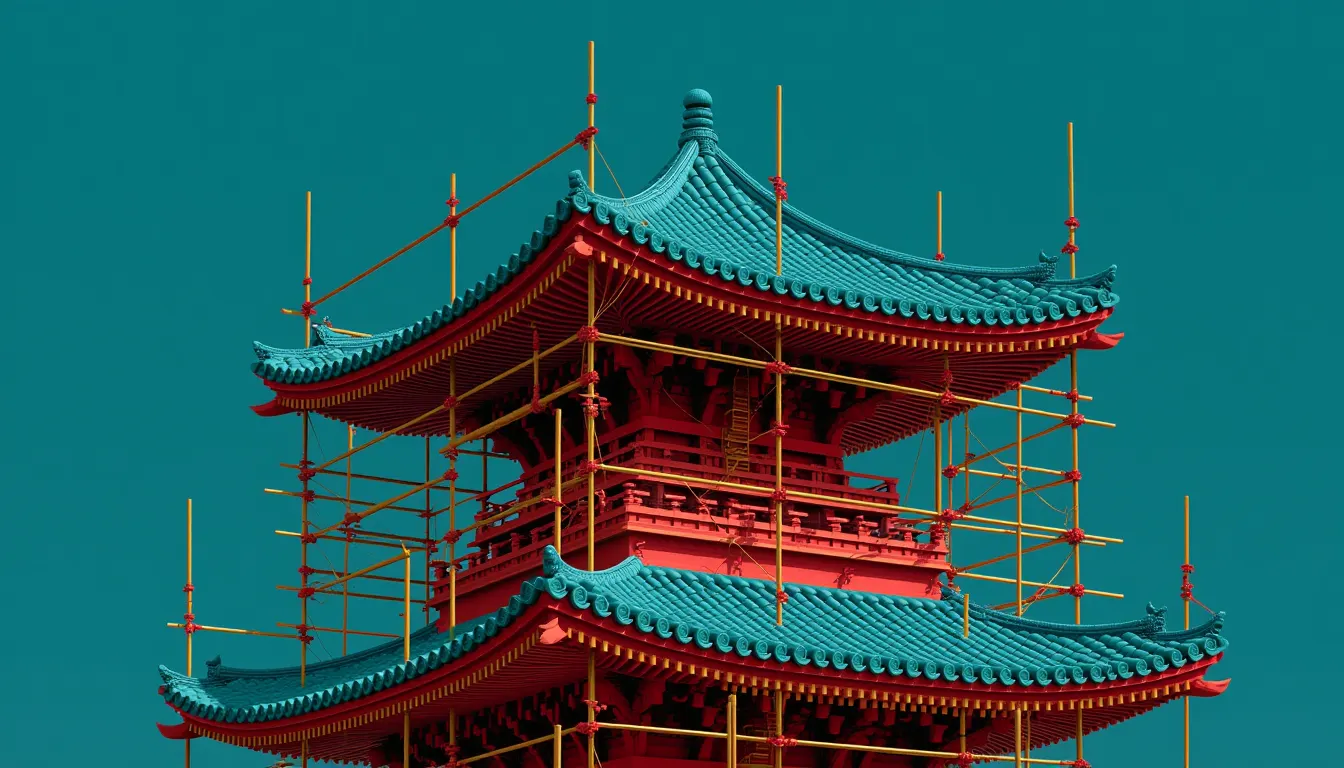 A bamboo scaffold lashed with cord around the half-built tier of a pagoda.