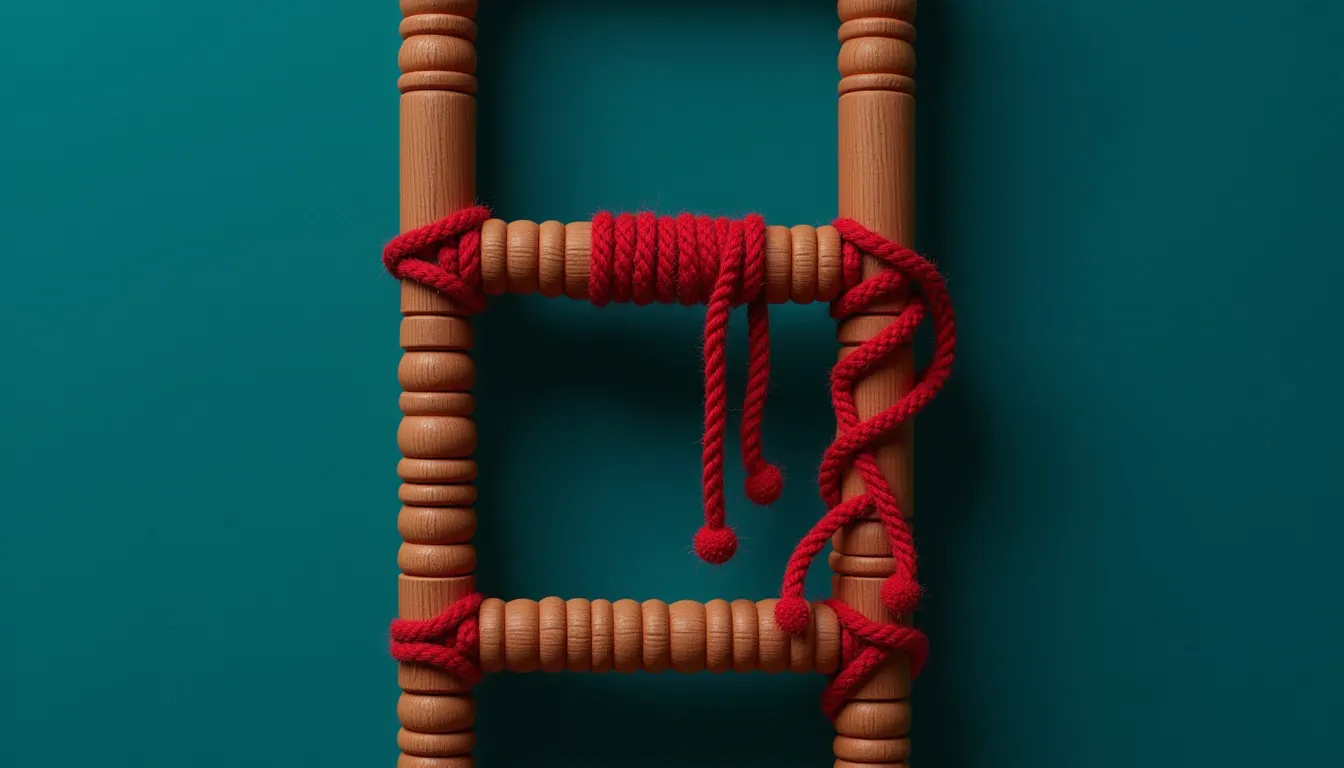 A single wooden rung of a ladder marked with a tied vermillion ribbon, the ladder rising out of frame above and below.