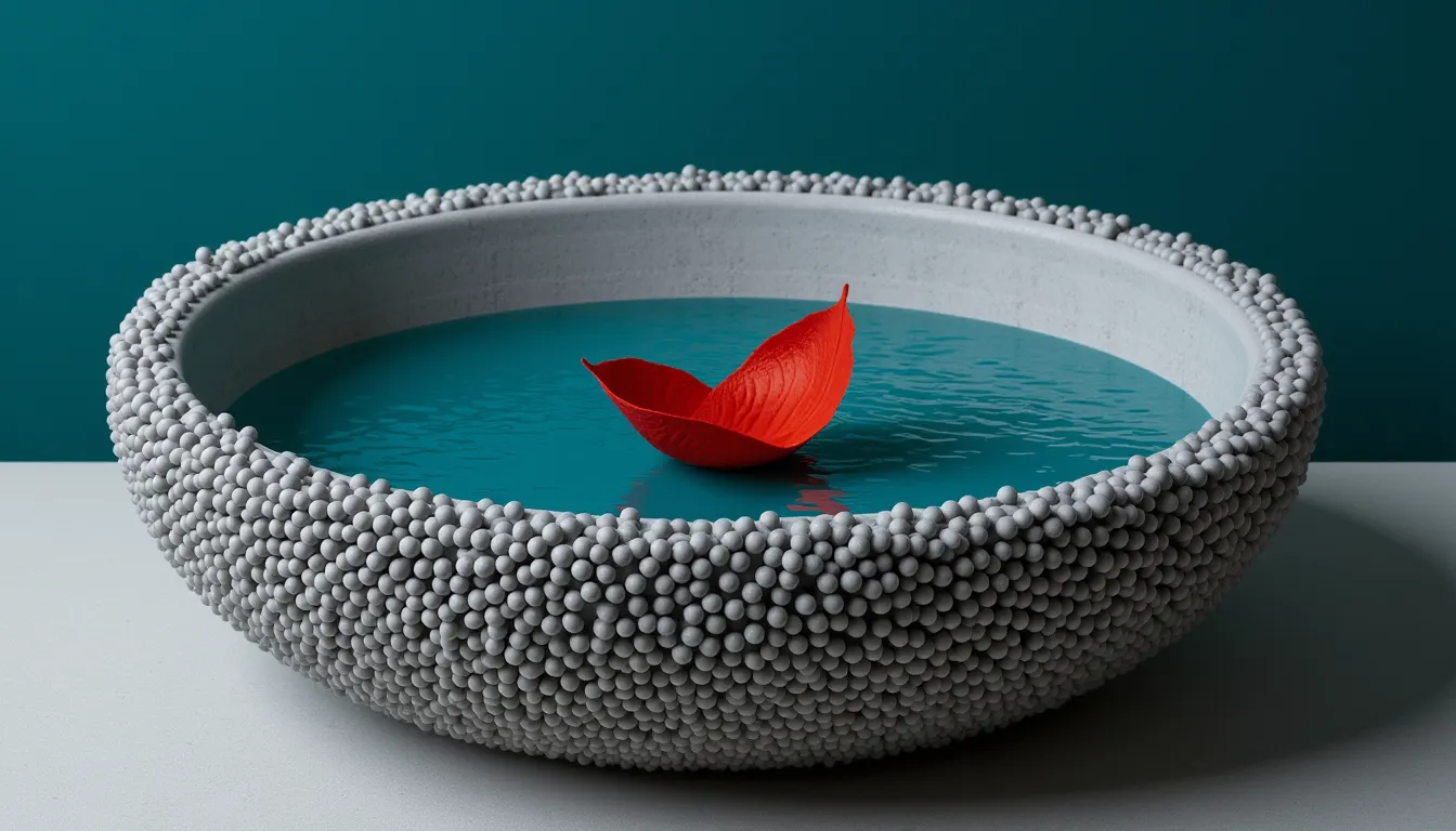A wide shallow stone basin brimming with still water and overflowing evenly down every side.