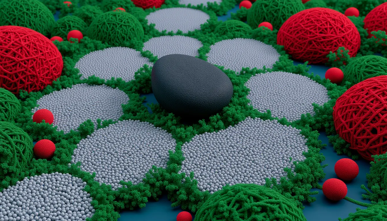 A garden path of flat stepping stones dividing into two branches around a standing rock.