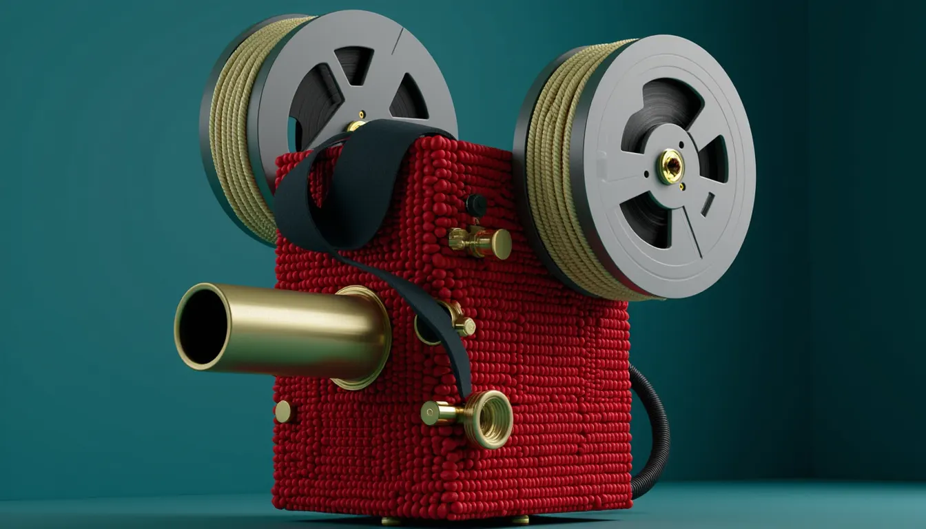 A vintage film projector standing three quarters on.