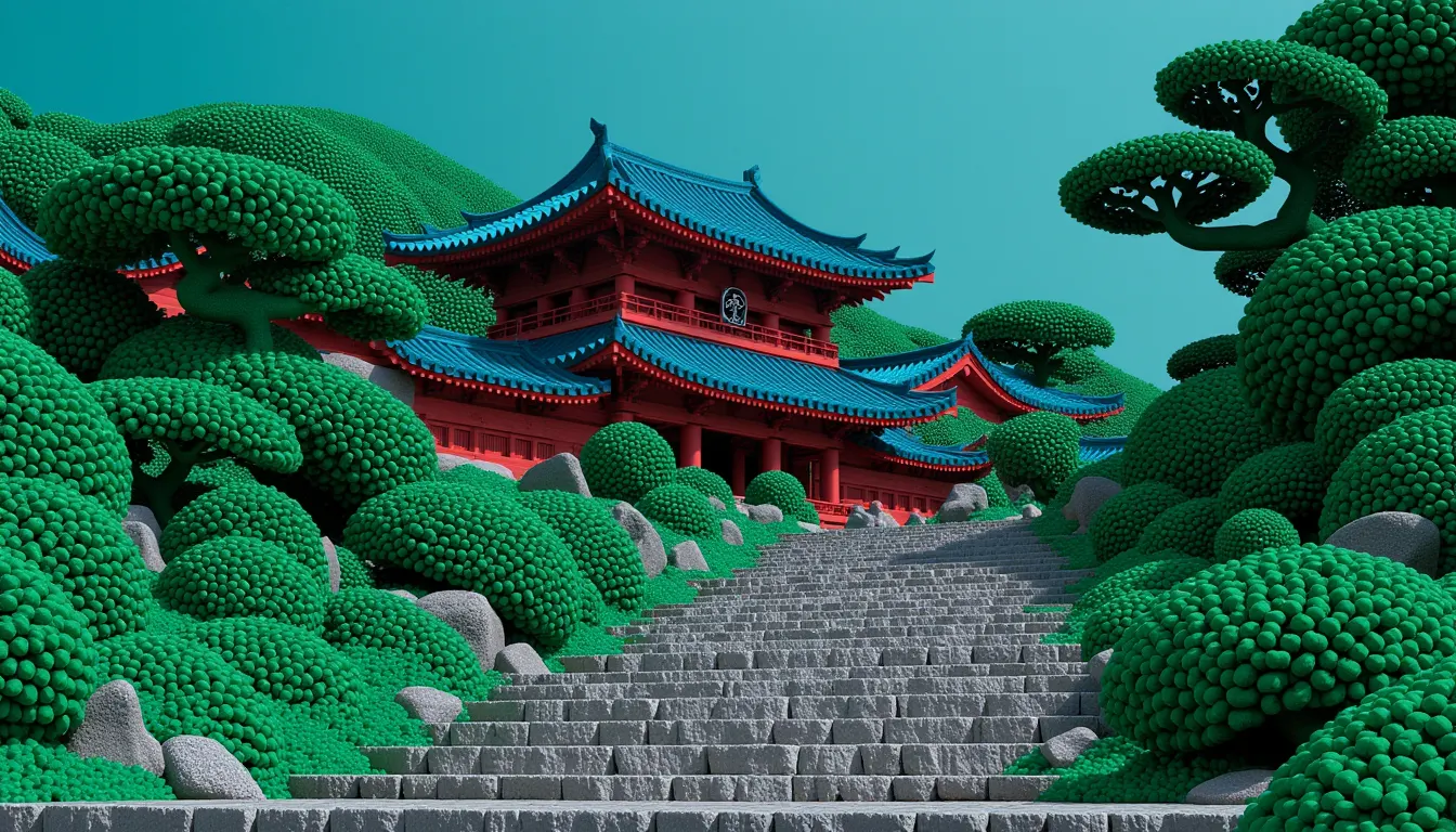 A long flight of worn stone steps climbing a green hillside and turning out of sight, every step a slab of mounded grey beads.