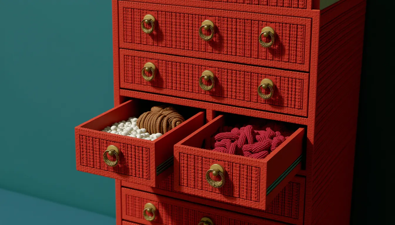 A tall apothecary cabinet of many small square drawers filling the frame.