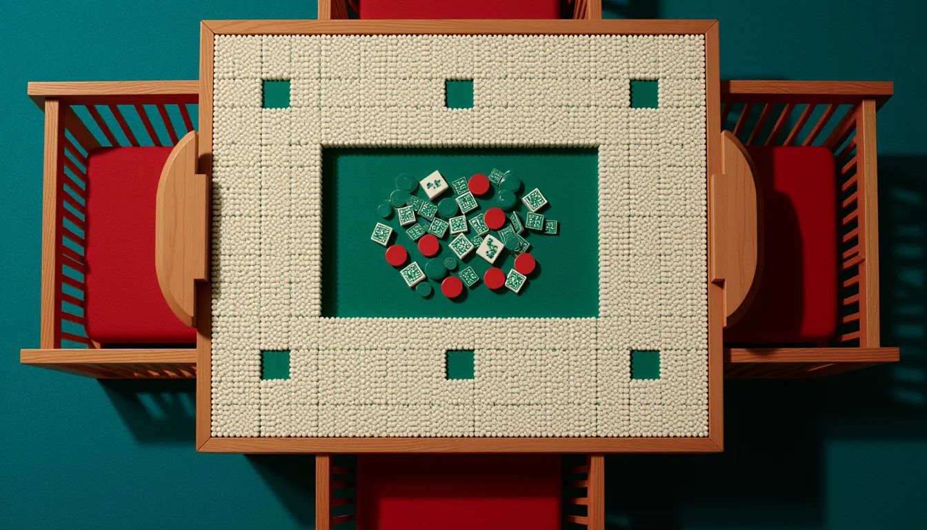A mahjong table seen from directly above with four wooden racks set at the four sides.