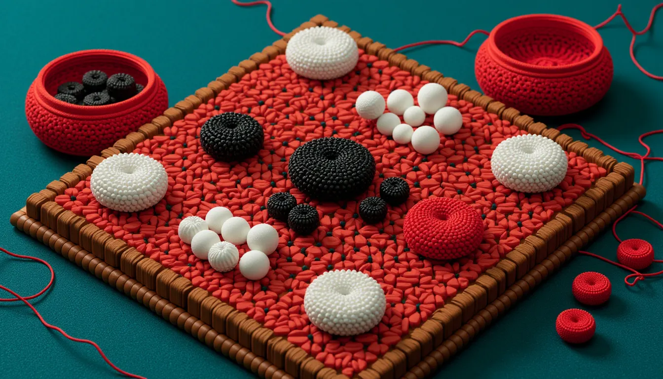 A weiqi board seen from above with a game part played, the board a grid of fine dark lines on warm wood beads.