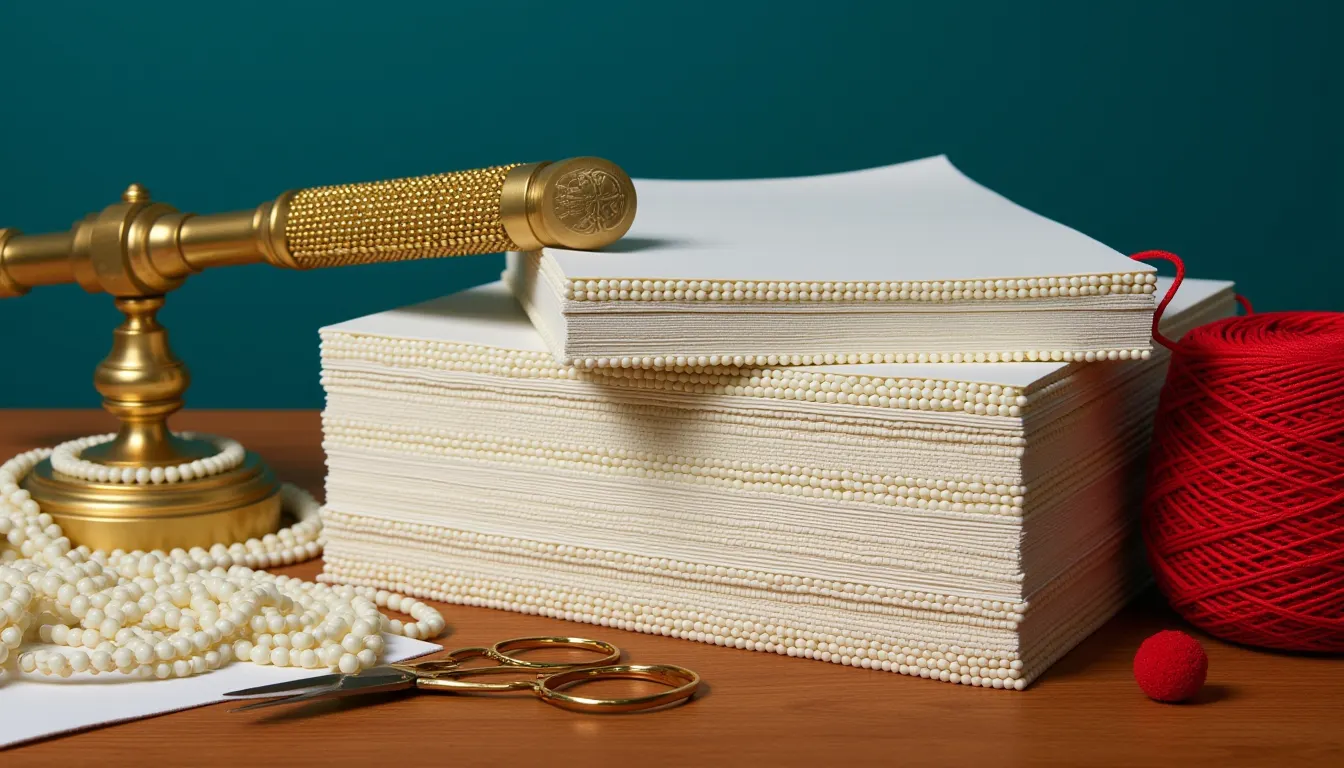 A thick stack of crisp blank sheets squared on a wooden table under a long rectangular brass paperweight bar.