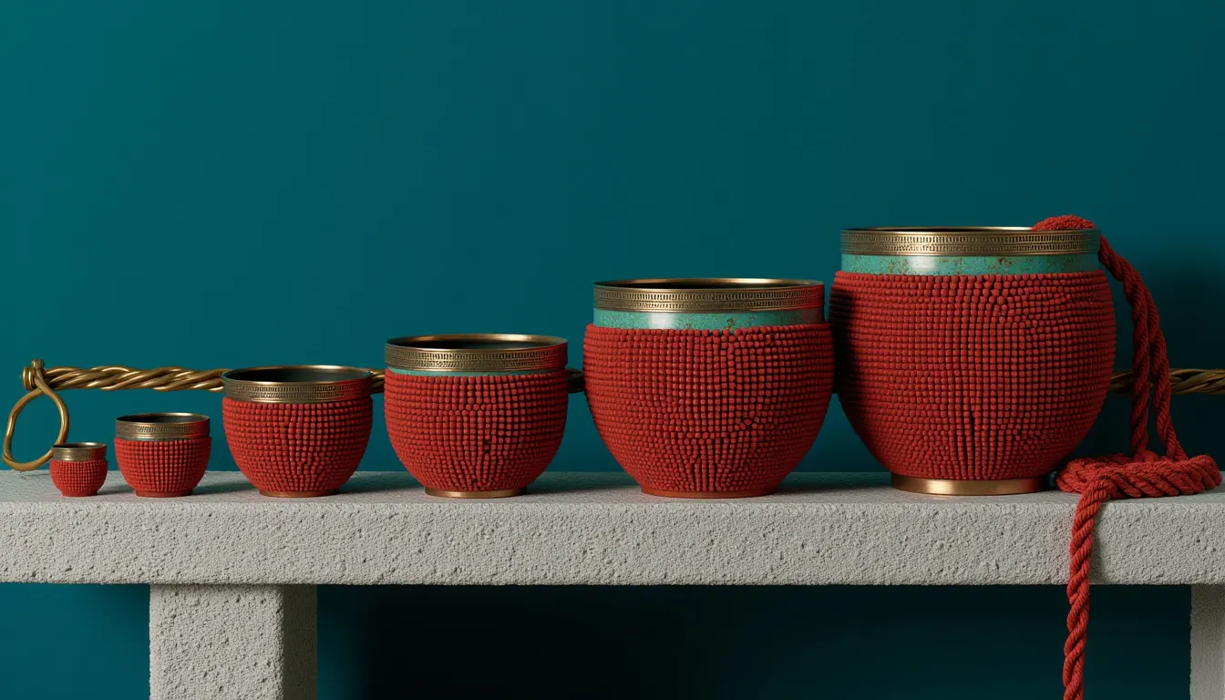 A set of graduated bronze measuring vessels standing in a row from largest to smallest on a stone bench.