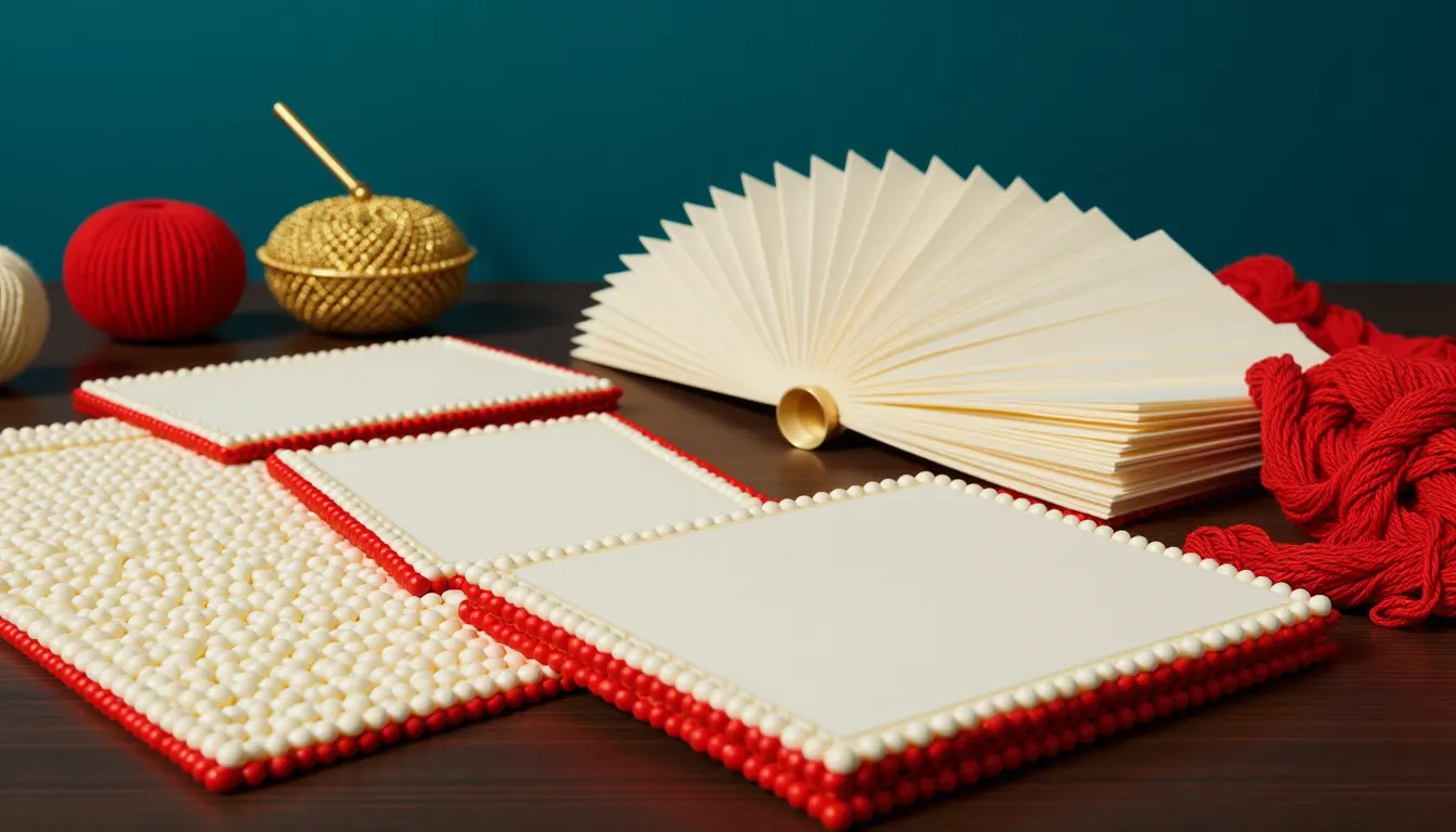 A wide fan of blank cards spread across a dark wooden table.